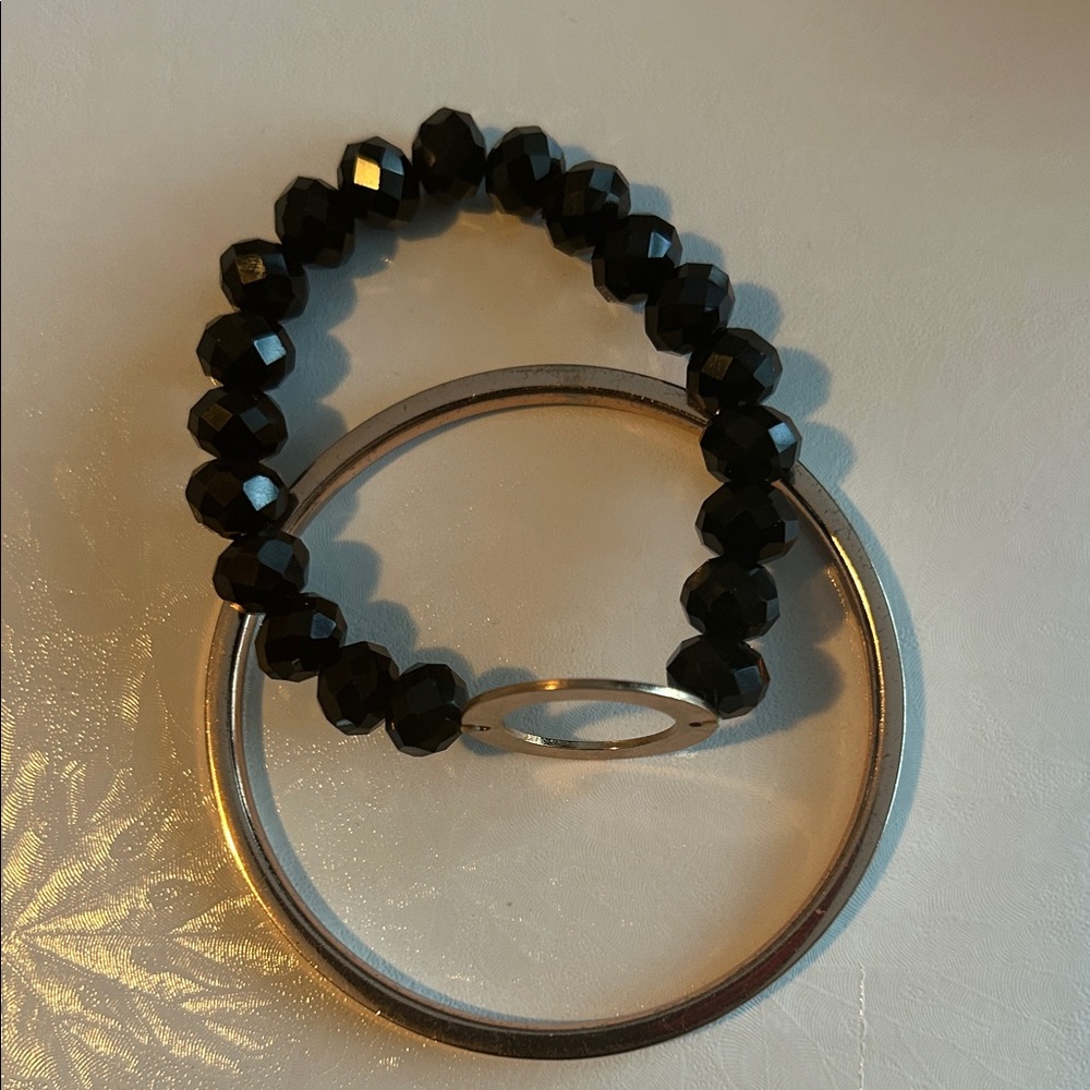 Black Beaded Bracelet and Bronze Bangle Set